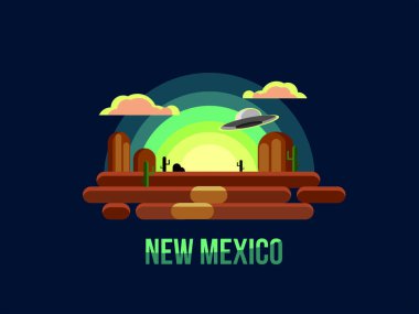 New Mexico UFO logosu ve düz vektör illüstrasyonunda manzara. Yolculuk ve Amerika 'ya giden yol. Gece gökyüzünde UFO 'lar