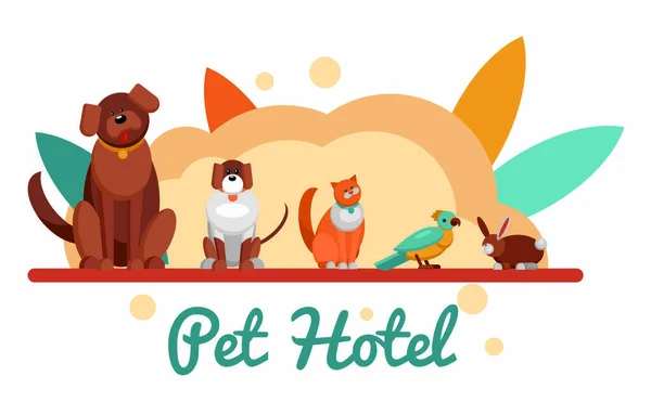 Hayvan ve hayvanlar için evcil hayvan oteli ve evcil hayvan evi. Köpek, küçük köpek, kedi, papağan ve tavşan. Beyaz konsepte izole edilmiş mutlu ve renkli vektör çizimi.