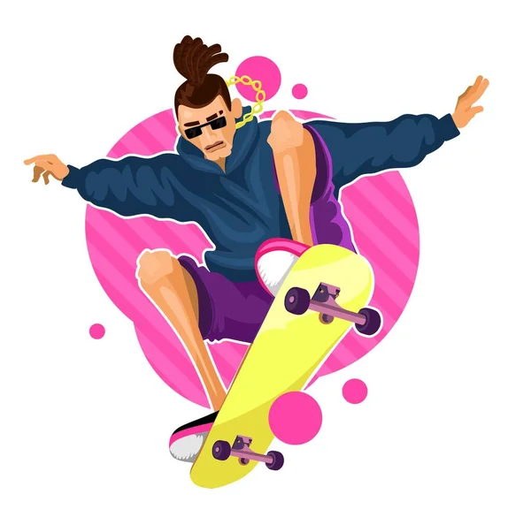 Cartoon Boy Płaska Ilustracja Skater Robi Sztuczki Jeździć Deskorolce Kolorowy — Wektor stockowy