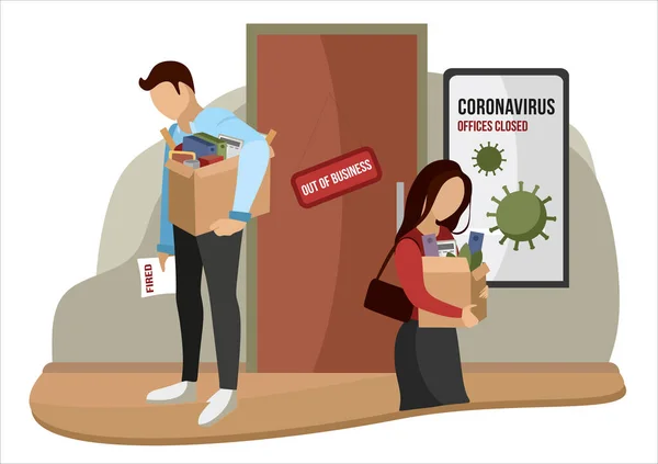 İnsanları kovup işten attılar. İşten çıkarma, işten çıkarma, koronavirüs ya da virüs COVID-19 durumunda işten çıkarma. İşsiz yardım kampanyası. Patron çalışanı işten çıkardı. Çizgi film vektör illüstrasyonu.