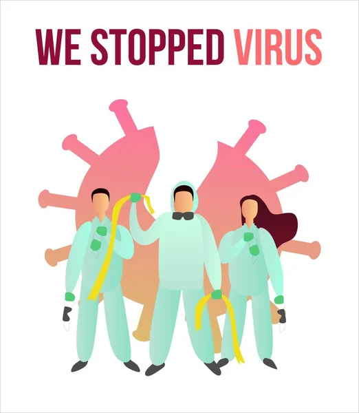 Vektör illüstrasyon doktorları koronavirüs gelişimini tamamladı. Yeni Corona virüsünün sonu. Covid-19 aşı ilacı. Corona virüsü şırıngası. Coronavirus 'a karşı savaş. Zafer taç