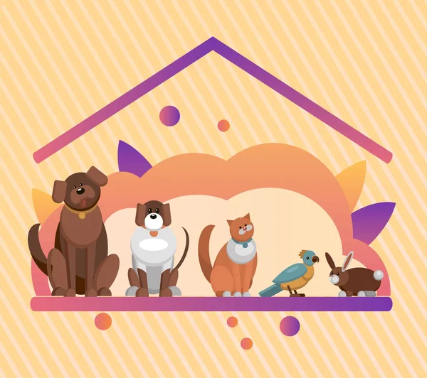 Hayvan ve hayvanlar için evcil hayvan oteli ve evcil hayvan evi. Evlat edinme merkezi. Köpek, küçük köpek, kedi, papağan ve tavşan. Beyaz konsepte izole edilmiş mutlu ve renkli vektör çizimi.