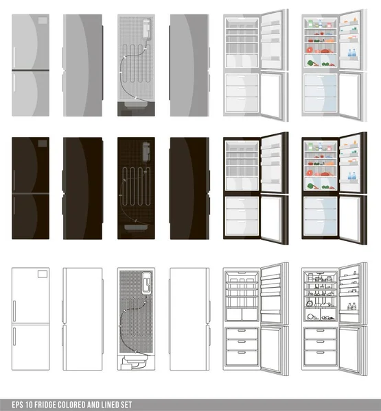 冷蔵庫セット 2つのドアとガラスドアとシルバーと黒の冷蔵庫 ベクターイラストは白い背景に隔離されています 線と色のオブジェクトのセット 台所の機械 冷凍食品でいっぱい — ストックベクタ