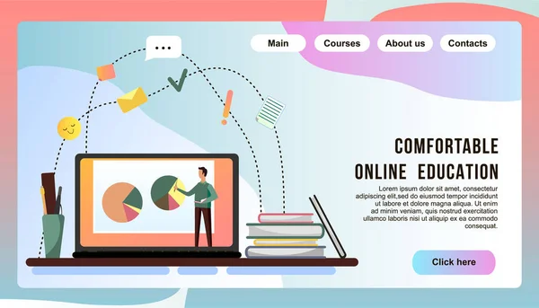 Düz tasarım modern vektör illüstrasyonu çevrimiçi eğitim ve e-öğrenme. Kullanıcı çevrimiçi ders seçer. Talep üzerine video, forum ve iletişim öneriyor. İniş sayfası için web ev eğitimi afişi