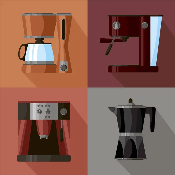 Kahve makinesi simgesi minimalist bir şekilde ayarlanmış. Düz kahve ikonları. Vektör illüstrasyon EPS 10. Ev mutfağı için kahve makineleri. Tasarımınız için renk arkaplanı.