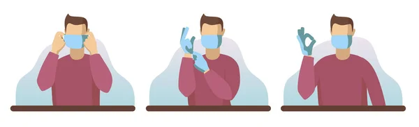 Yüzünde tıbbi maske var. Eldivenli eller. Salgın sırasında virüs ve bakterilere karşı koruma. Sokaktan önce koruyucu maske ve eldivenler. Enfeksiyon kapma. Coronavirus. Vektör düz resimleme
