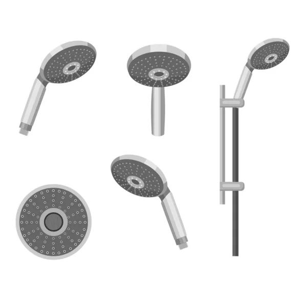 Banyo için gerçekçi metal duş başlıkları. Yıkanmak için duş başlıklarından su ve sıvı dökülüyor. Şeffaf bir arkaplanda gerçekçi bir vektör çizimi. Beyazda izole edilmiş.