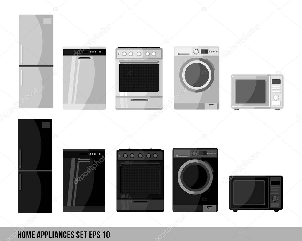 Kitchen and house appliances: microwave, washing machine, refrigerator, gas stove, dishwasher, tv. home appliances, household appliances, household equipment, domestic appliances, home electronics