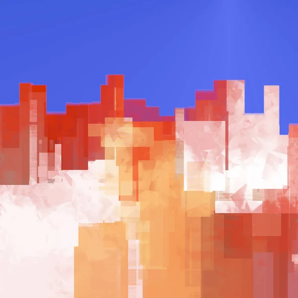 Blaues Und Rotes Stadtbild Farbige Digitale Abstrakte Malerei Quadratische Hintergrundgrafik — Stockfoto