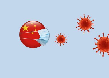 Corona virüs saldırısı konsepti. Çin Corona virüsüyle savaşıyor. Coronavirüs 'ün Çin' e nasıl saldırdığını düşünün. Virüs beyaz arkaplanda izole edildi.