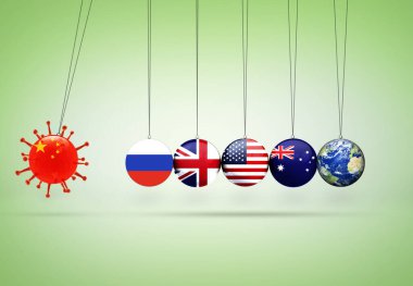Coronavirus sarkacı konsepti. Çin 'de Corona virüsü salgını. Rusya, Amerika, Birleşik Krallık, Avustralya ve dünyanın birçok ülkesine yayıldı. Tasarım renk arkaplanında izole edildi.