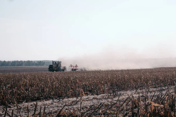 Traktör samanlıkta saman topluyor. Yaz zamanı. 