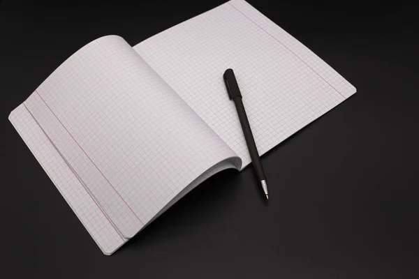 Тетрадь Упражнений Ручка Фонтана Темном Фоне — стоковое фото