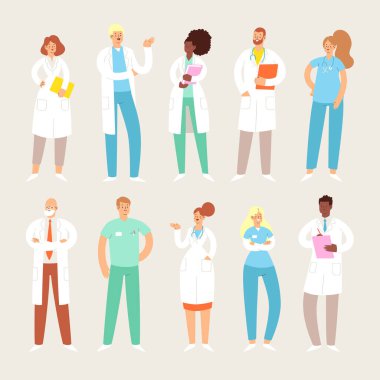 Çeşitli erkek ve kadın tıp çalışanları. Birlikte duran bir grup hastane tıp uzmanı: doktor, cerrah, doktor, sağlık görevlisi, hemşire ve diğer personel. Çizgi film vektör karakterleri 