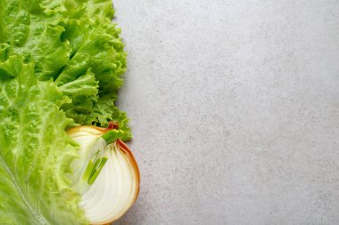 Gri bir taşın üzerinde taze soğan ve marul. Arkaplan, reklam, yemek tarifleri veya yemek kitabı için illüstrasyon.