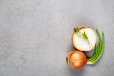 Gri bir taşın üzerinde taze soğanlar. Arkaplan, reklam, yemek tarifleri veya yemek kitabı için illüstrasyon.