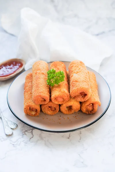 Sausages Cheese French Toast Roll Ups Roti Goreng Sosis Keju — Stock Photo, Image