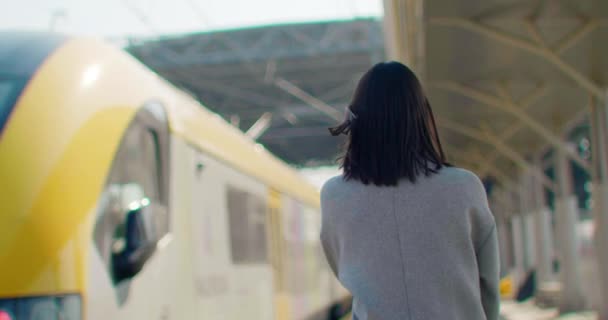 Femme Avec Masque Protection Marchant Vers Train — Video