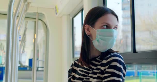 Woman Protective Mask Bus — Stock Video