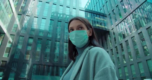 Woman Face Mask Standing Business District — Stock Video
