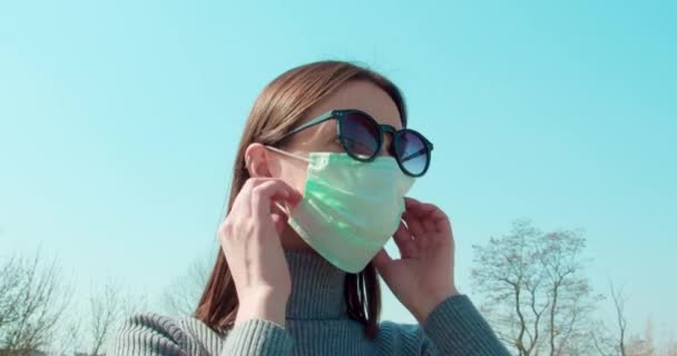 Woman Taking Face Mask Railroad Station — Stock Video