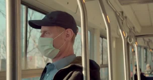 Man Face Mask Traveling Tram — Stock Video