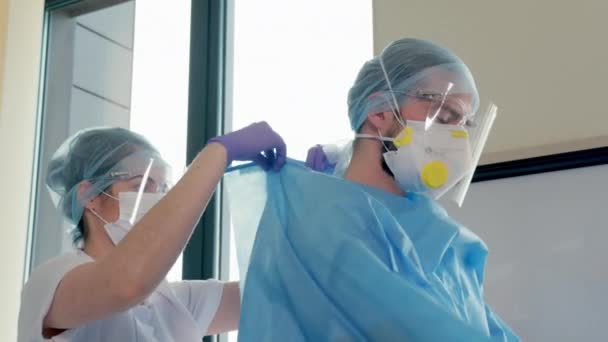 Dentist Putting Protective Clothing Dentists Office — Stock Video