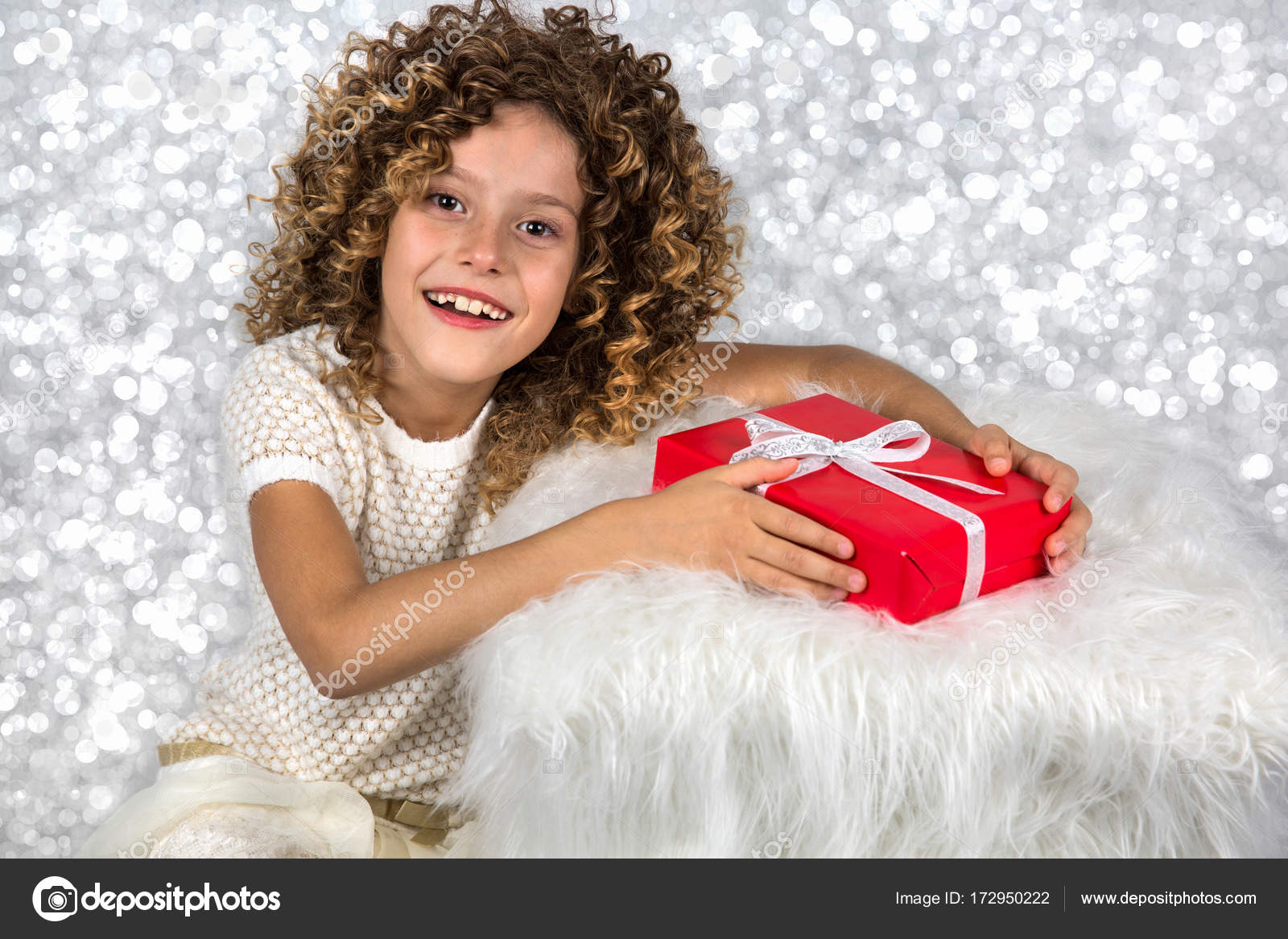 Red Gift Picture Of A Little White Caucasian Girl With Curly Hair