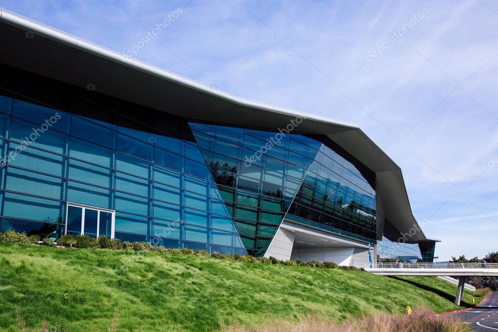 Santa Clara, CA - Feb. 1, 2018: NVIDIA Corp., leader of Artificial Intelligence Computing, inventor of the GPU, Tesla, Quadro, GeForce Graphics cards, 3D Gaming, 3D Vision. Building closeup and logo