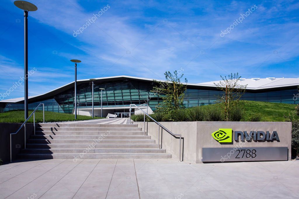 Santa Clara, CA - Feb. 1, 2018: NVIDIA Corp., leader of Artificial Intelligence Computing, inventor of the GPU, Tesla, Quadro, GeForce Graphics cards, 3D Gaming, 3D Vision. Building closeup and logo