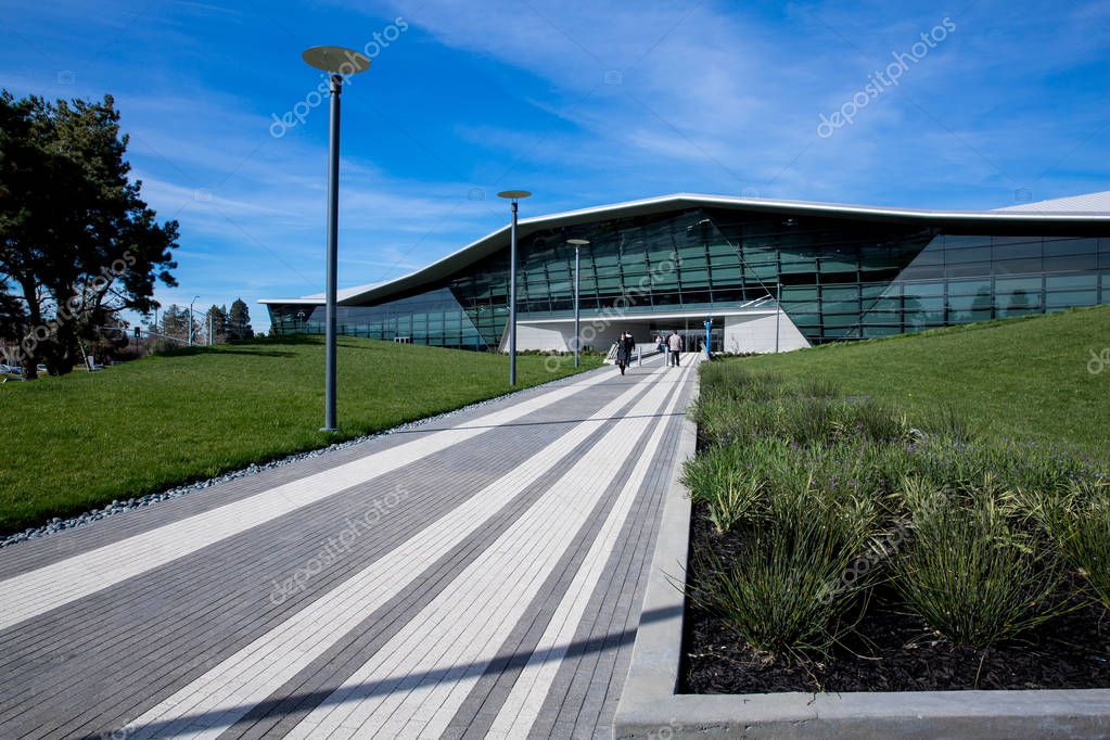 Santa Clara, CA - Feb. 1, 2018: NVIDIA Corp., leader of Artificial Intelligence Computing, inventor of the GPU, Tesla Quadro GeForce Graphics cards 3D Gaming 3D Vision. Building closeup and logo