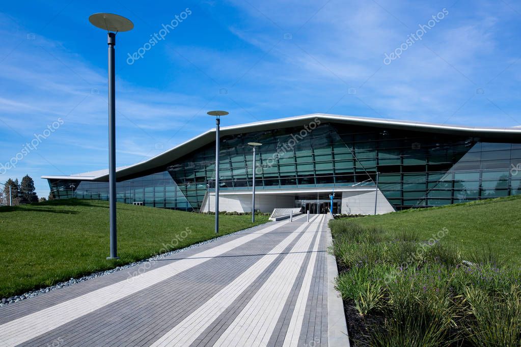 Santa Clara, CA - Feb. 1, 2018: NVIDIA Corp., leader of Artificial Intelligence Computing, inventor of the GPU, Tesla Quadro GeForce Graphics cards 3D Gaming 3D Vision. Building closeup and logo