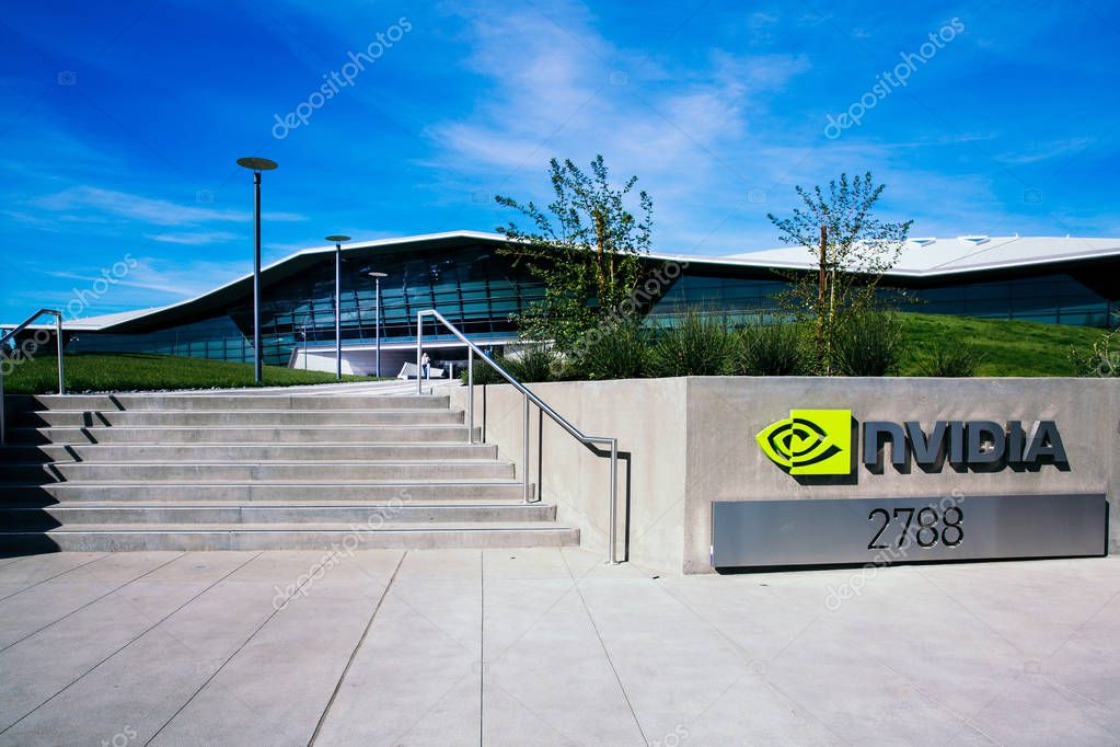 Santa Clara, CA - Feb. 1, 2018: NVIDIA Corp., leader of Artificial Intelligence Computing, inventor of the GPU, Tesla Quadro GeForce Graphics cards 3D Gaming 3D Vision. Building closeup and logo