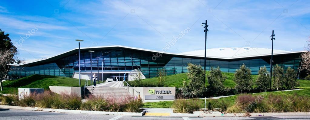 Santa Clara, CA - Feb. 1, 2018: NVIDIA Corp., leader of Artificial Intelligence Computing, inventor of the GPU, Tesla Quadro GeForce Graphics cards 3D Gaming 3D Vision. Building closeup and logo