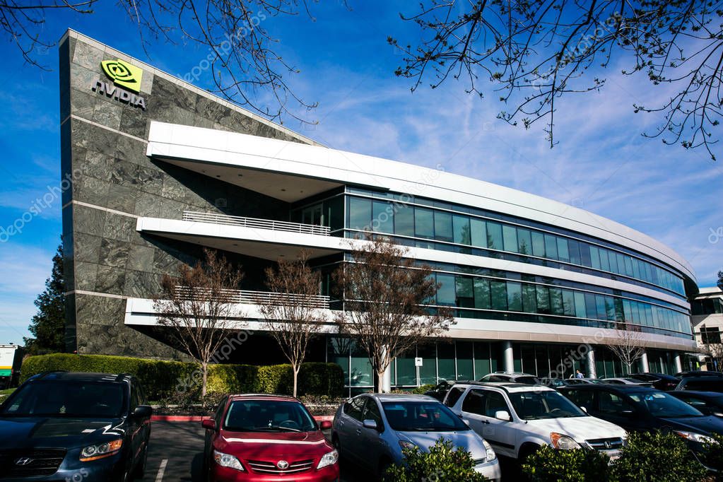 Santa Clara, CA - Feb. 1, 2018: NVIDIA Corp., leader of Artificial Intelligence Computing, inventor of the GPU, Tesla Quadro GeForce Graphics cards 3D Gaming 3D Vision. Building closeup and logo