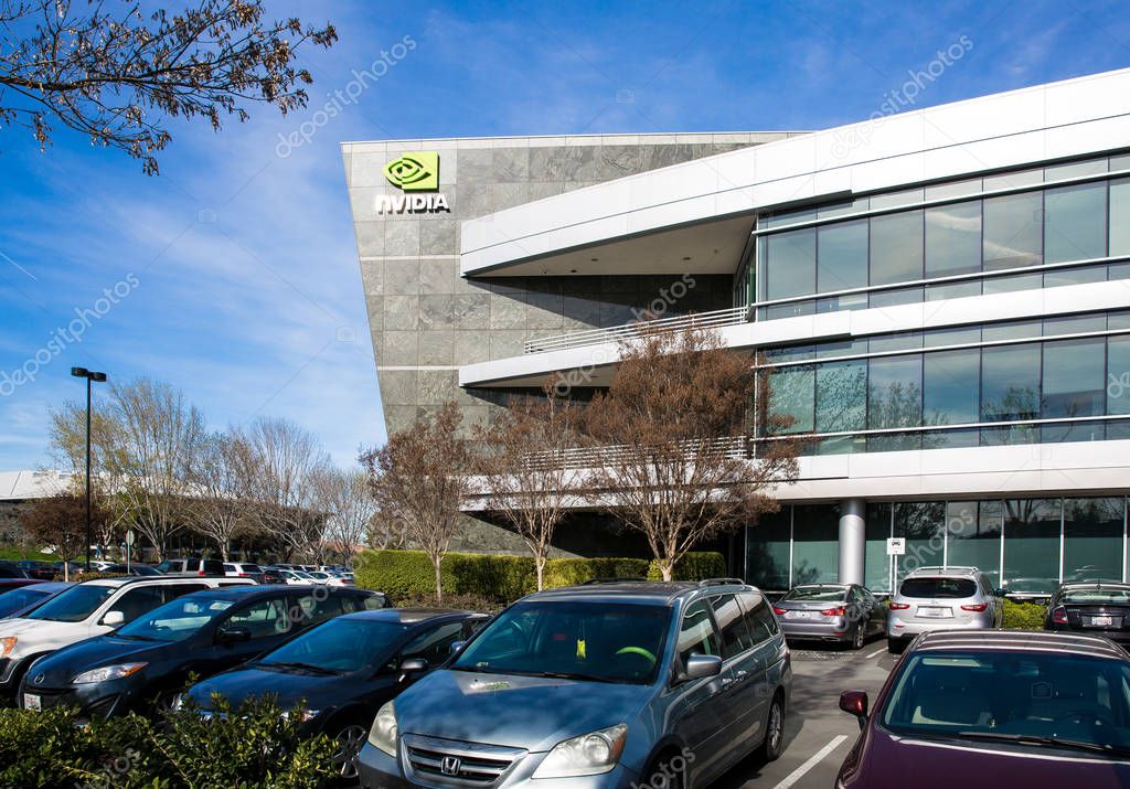 Santa Clara, CA - Feb. 1, 2018: NVIDIA Corp., leader of Artificial Intelligence Computing, inventor of the GPU, Tesla Quadro GeForce Graphics cards 3D Gaming 3D Vision. Building closeup and logo