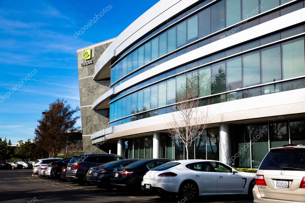 Santa Clara, CA - Feb. 1, 2018: NVIDIA Corp., leader of Artificial Intelligence Computing, inventor of the GPU, Tesla Quadro GeForce Graphics cards 3D Gaming 3D Vision. Building closeup and logo