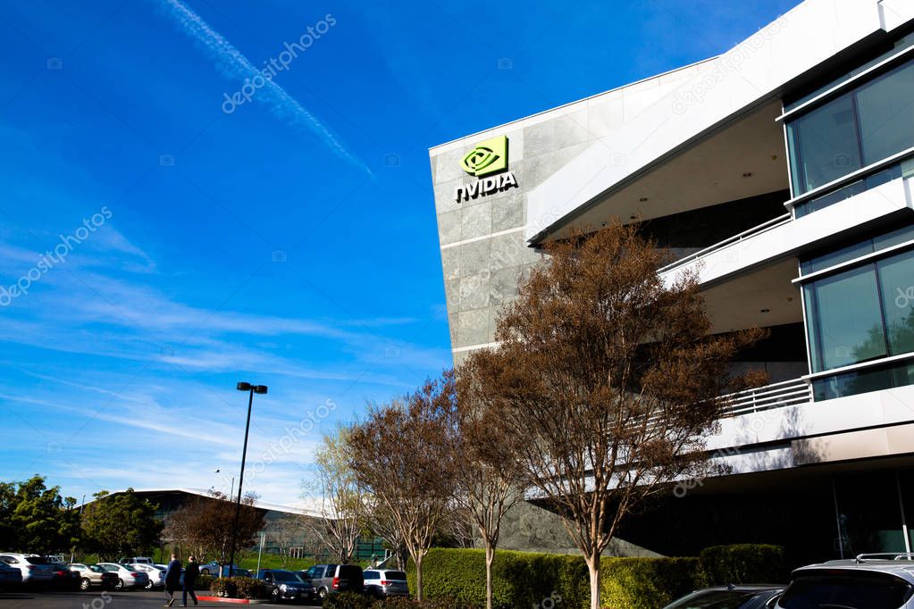 Santa Clara, CA - Feb. 1, 2018: NVIDIA Corp., leader of Artificial Intelligence Computing, inventor of the GPU, Tesla Quadro GeForce Graphics cards 3D Gaming 3D Vision. Building closeup and logo