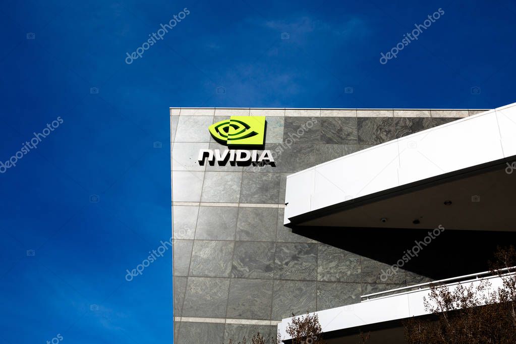 Santa Clara, CA - Feb. 1, 2018: NVIDIA Corp., leader of Artificial Intelligence Computing, inventor of the GPU, Tesla Quadro GeForce Graphics cards 3D Gaming 3D Vision. Building closeup and logo