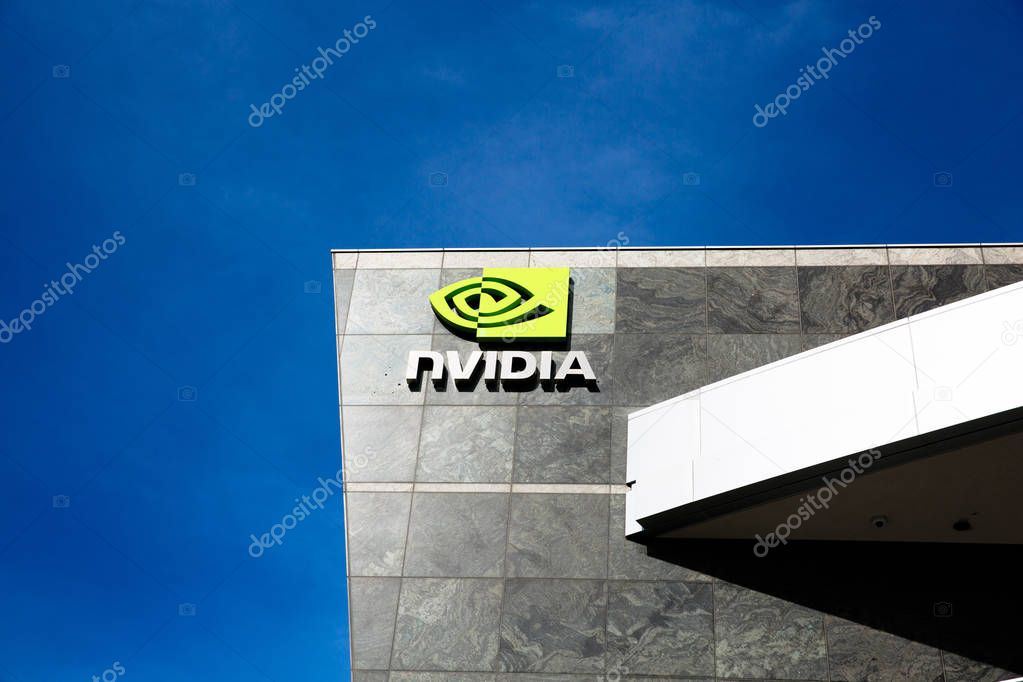 Santa Clara, CA - Feb. 1, 2018: NVIDIA Corp., leader of Artificial Intelligence Computing, inventor of the GPU, Tesla Quadro GeForce Graphics cards 3D Gaming 3D Vision. Building closeup and logo