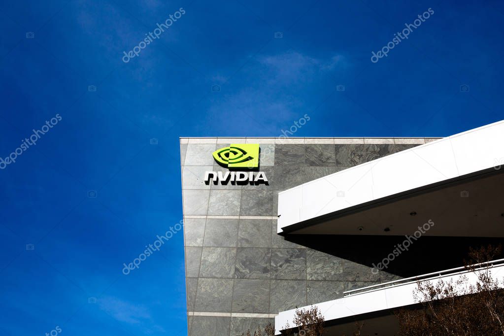 Santa Clara, CA - Feb. 1, 2018: NVIDIA Corp., leader of Artificial Intelligence Computing, inventor of the GPU, Tesla Quadro GeForce Graphics cards 3D Gaming 3D Vision. Building closeup and logo