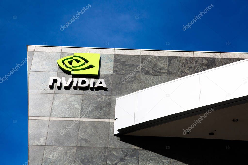 Santa Clara, CA - Feb. 1, 2018: NVIDIA Corp., leader of Artificial Intelligence Computing, inventor of the GPU, Tesla Quadro GeForce Graphics cards 3D Gaming 3D Vision. Building closeup and logo