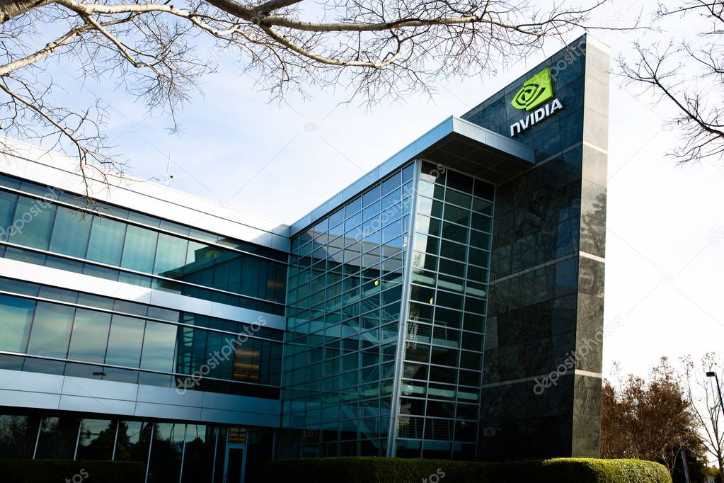 Santa Clara, CA - Feb. 1, 2018: NVIDIA Corp., leader of Artificial Intelligence Computing, inventor of the GPU, Tesla Quadro GeForce Graphics cards 3D Gaming 3D Vision. Building closeup and logo
