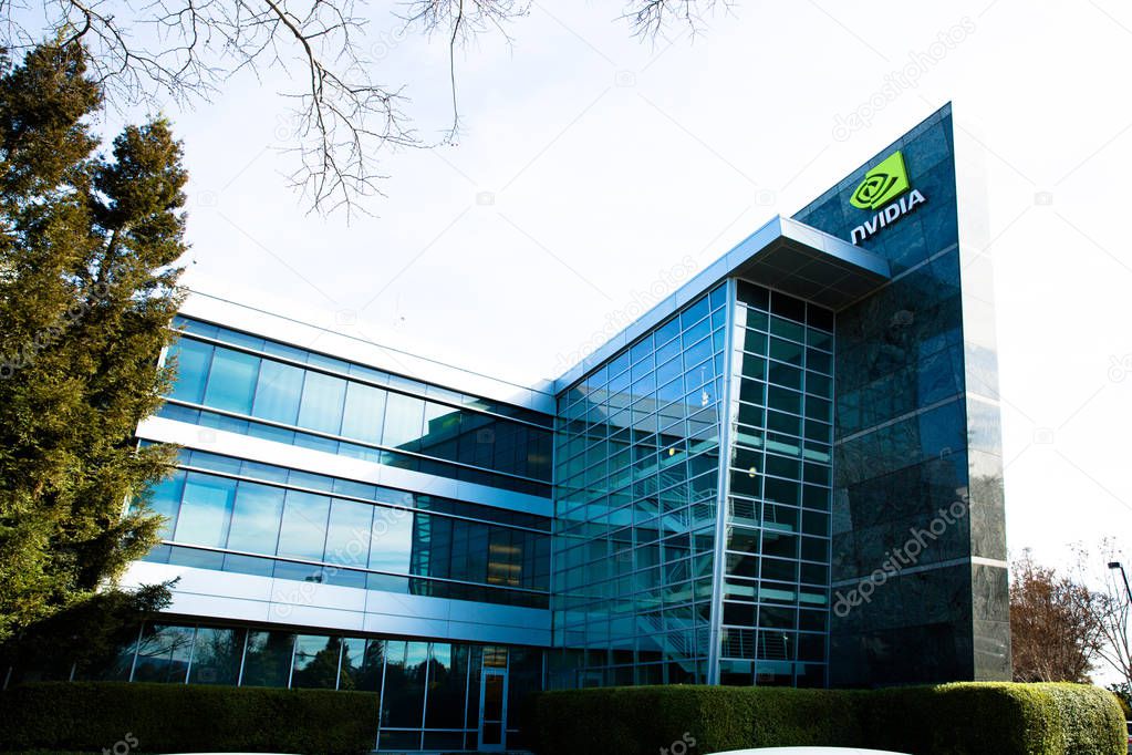 Santa Clara, CA - Feb. 1, 2018: NVIDIA Corp., leader of Artificial Intelligence Computing, inventor of the GPU, Tesla Quadro GeForce Graphics cards 3D Gaming 3D Vision. Building closeup and logo