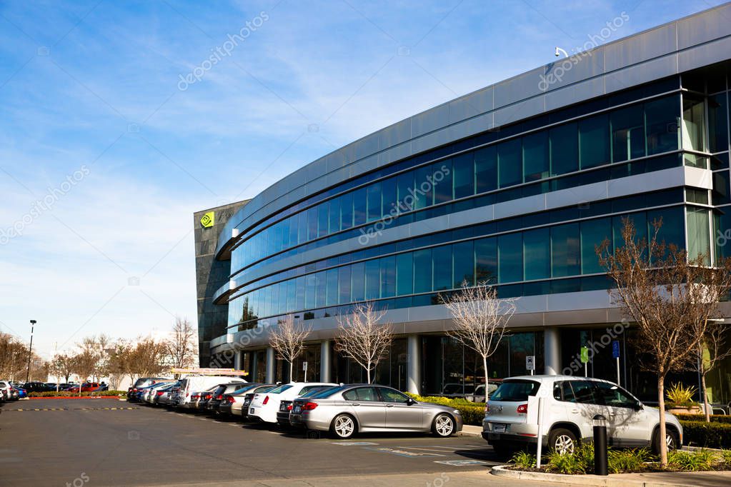 Santa Clara, CA - Feb. 1, 2018: NVIDIA Corp., leader of Artificial Intelligence Computing, inventor of the GPU, Tesla Quadro GeForce Graphics cards 3D Gaming 3D Vision. Building closeup and logo