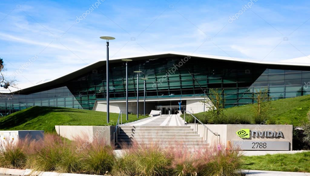 Santa Clara, CA - Feb. 1, 2018: NVIDIA Corp., leader of Artificial Intelligence Computing, inventor of the GPU, Tesla Quadro GeForce Graphics cards 3D Gaming 3D Vision. Building closeup and logo