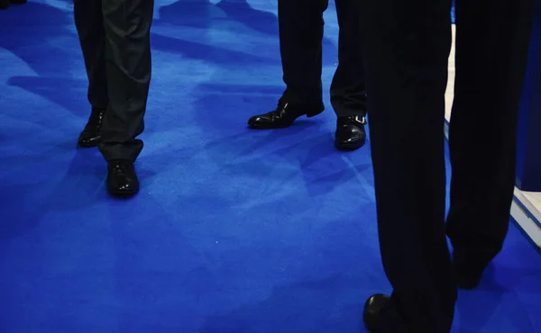 Hombres de negocios con trajes de pie sobre una alfombra azul —  Fotos de Stock