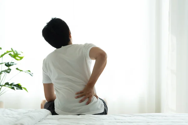 Asian Man Back Pain Sit Bed Bedroom Morning — Stock Photo, Image