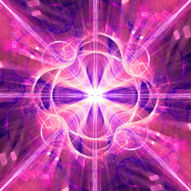 Karmaşık dekoratif geometrik deseni olan büyük bir yıldızın soyut fraktal arkaplanı neredeyse parlayan renklerdeki bir çiçeğe benzer..