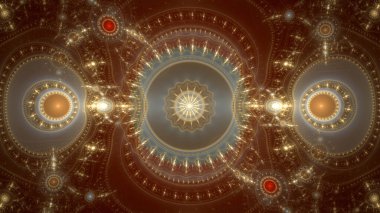 Modern görünümlü, birbirine bağlı halkalar, daireler, kemerler ve dalgaların parlak renklerinden oluşan soyut fraktal arkaplan..